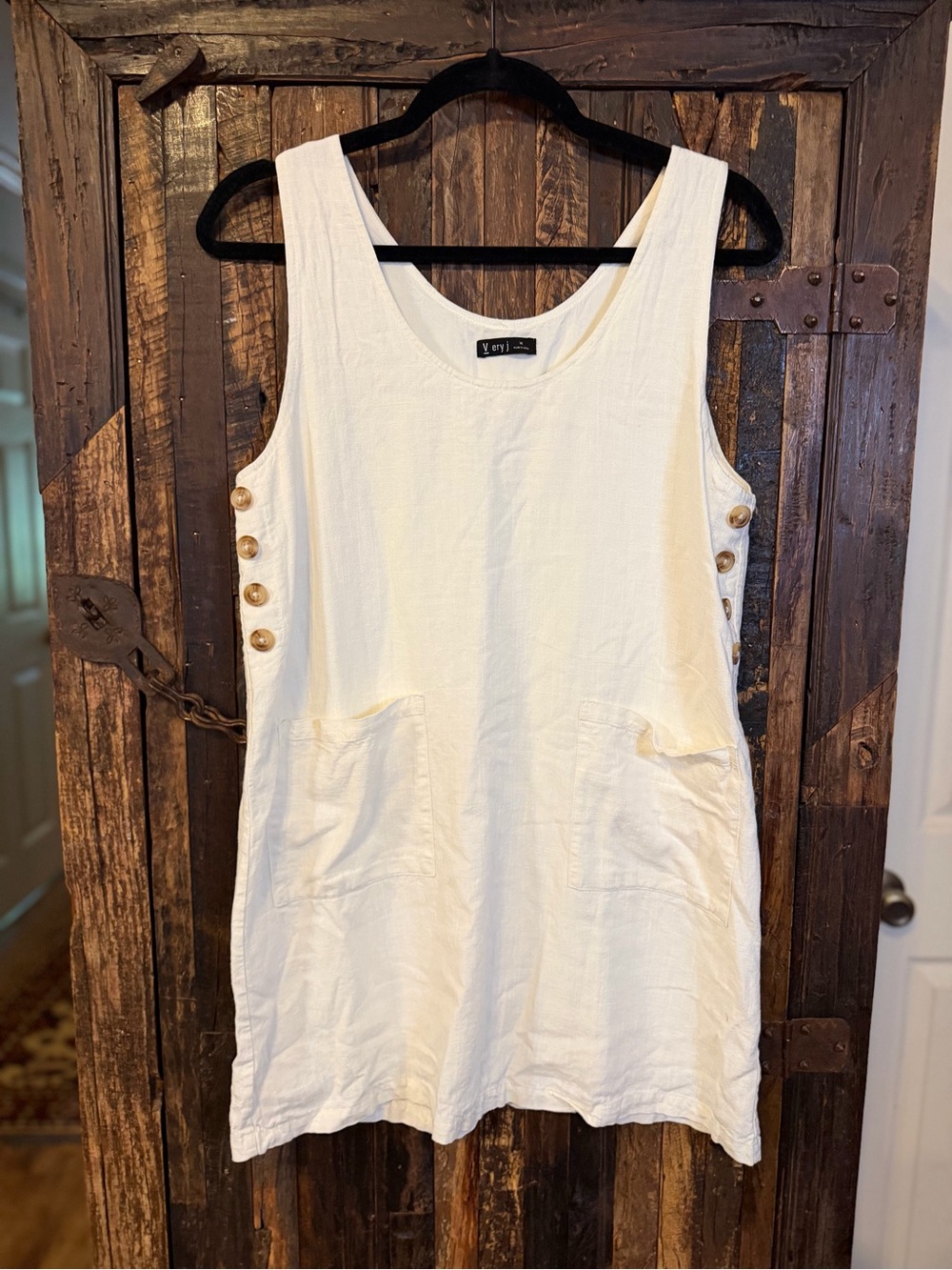 Very J Linen Blend Pinafore Dress M White Overall Tunic Side Button pockets